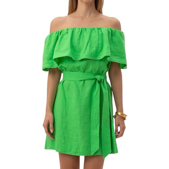 Trina Turk Dresses & Skirts - Trina Turk Out of Office Restful Off Shoulder Linen Mini Dress in Kelly Green